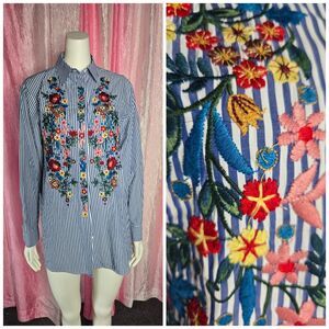 Zara Woman Blue Foral Embroidered Stripe Button Up Workwear Blouse Size Small